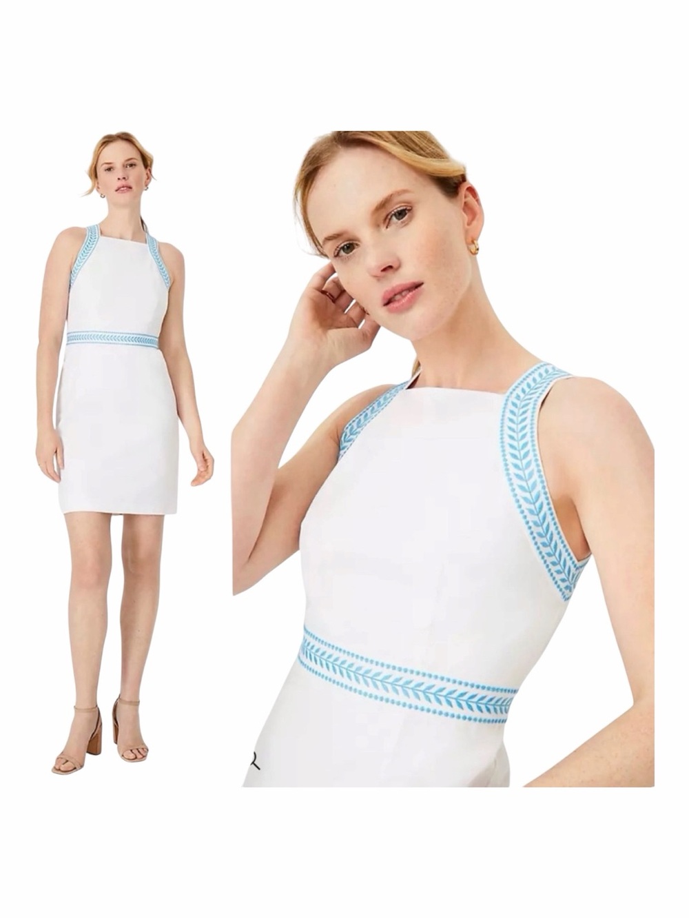 ANN TAYLOR White 100% Cotton Blue Embroidered Sleeveless Mini Sun Dress. Size 4.